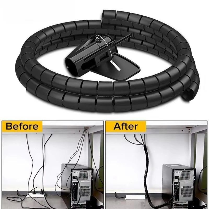 Cable Lock Flexible - 2 M/1 M สีดําสายป้องกันสายเคเบิลการจัดการท่อลวดแบบยืดหยุ่น Wrap Line