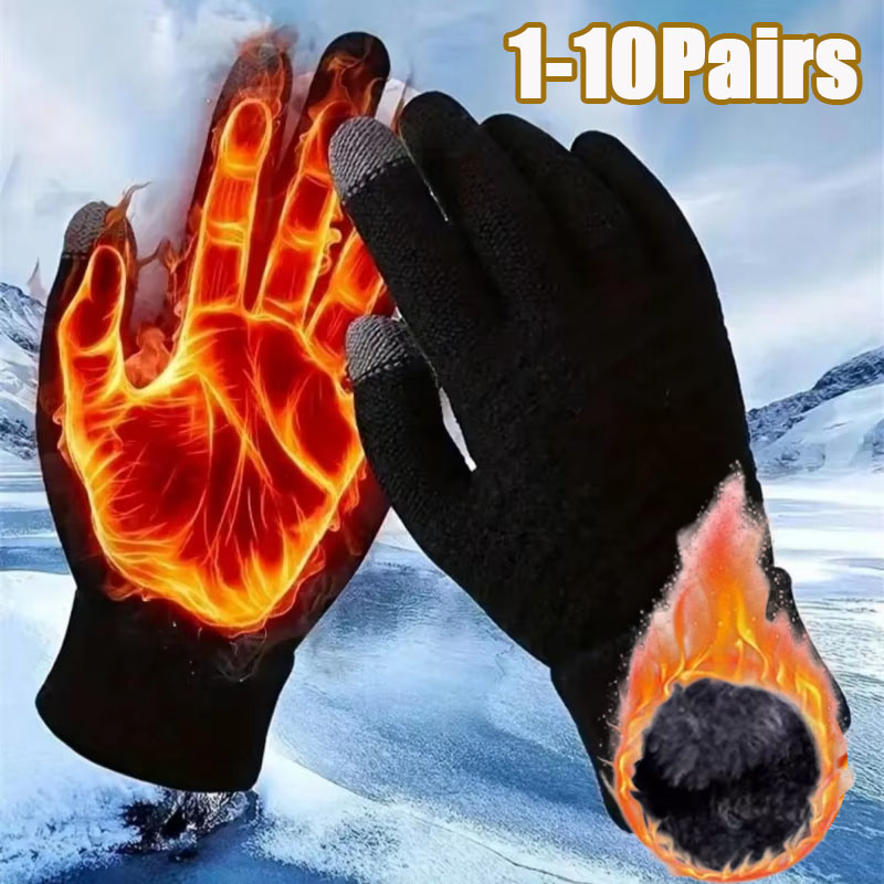 Winter Cycling Commute - ถุงมือถักหนาแบบสัมผัสหน้าจอได้ 1-10 คู่ บุด้วยผ้าฟลีซกันลมและให้ความอบอุ่น เหมาะสำหรับการขับรถ ปั่นจักรยาน